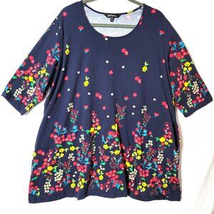 Ulla Popkin Tunic Top Womens Sz 20/22 Pullover 3/4 Sleeves Pockets Navy Floral